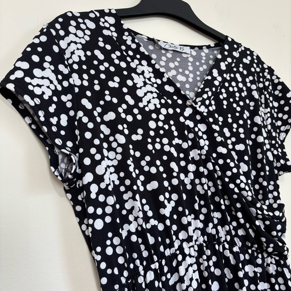 Chetta B Faux Wrap V Neck short sleeve black white A-line Dress size M - Picture 11 of 16